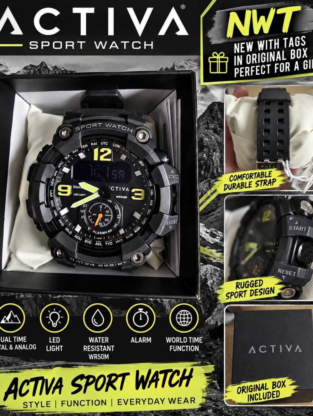 NWT Activa Men’s Sport Watch Black Yellow Analog Digital WR50M